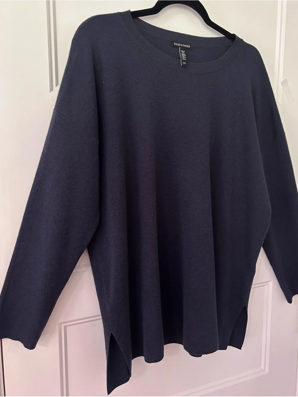 Eileen Fisher Italian Fine Merino Wool Tunic Sweater Navy Oversized M Soft
